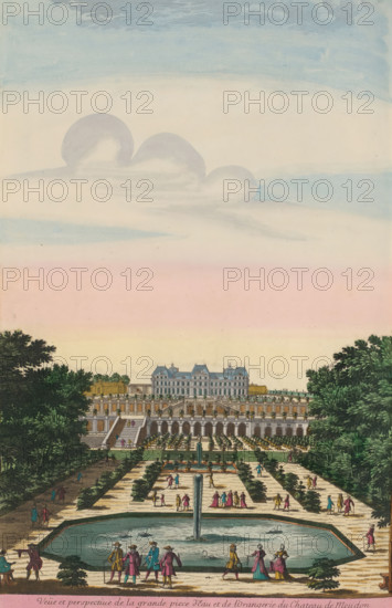 View of the large pond with fountain and the orangery of the Château de Meudon, Veüe et perspective de la grande piece d'Eau et de l'Orangerie du Chateau de Meudon, print, album page, View of the large pond with fountain and the orangery of the Château de Meudon. Print is part of an album., printmaker: Pierre Aveline, Paris, grantor of privilege: Louis XIV (King of France), colorer (graphic design artist): Anna Beeck, The Hague, 1675 - 1717, colorer (graphic design artist), paper, etching, hand coloring, tearing, torn etching hand-colored in pink, green, blue, and yellow, pasted onto album page, a yellow frame with a red border around the image, height 456 mm x width 305 mm, height 535 mm x width 335 mm, The print has been torn along the top edge of the image. The upper part has been pasted higher, so that the sky has become higher and the size of the image matches the other large-format images in the album. The depiction is supplemented at the top with a painted sky., castle, French o...