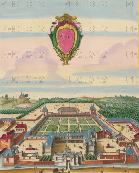 Anet, View of Château d'Anet from a bird's-eye perspective, print, album page, View of Château d'Anet from a bird's-eye perspective. An ornamental cartouche in the sky at the top center. Print is part of an album., printmaker: Matthäus Merian (II), Frankfurt am Main, Paris, colorer (graphic design artist): Anna Beeck, The Hague, 1655, colorer (graphic design artist), Hessen, paper, engraving, etching, hand coloring, tears, torn etching and engraving colored by hand in pink, green, blue and yellow, pasted on album page, around the scene a yellow frame with red border, height 354 mm x width 280 mm, height 536 mm x width 330 mm, Print originally produced as a book illustration for: Zeiller, Martin. Topographia Galliae, oder Beschreibung und Contrafaitung der vornehmbsten und bekantisten Oerter in dem mächtigen und grossen Königreich Frankreich, 13 vols. Frankfurt am Main: Caspar Merian, 1655-1661. The print was first published in part 1: Topographia Galliae, 1655. The print is torn off al...