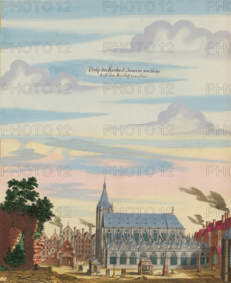 View of the church of Saint-Séverin in Paris, Prosp. der Kirche St. Severin wie solche Auff dem Kirchhoff an zusehen, print, albumblad, View of the church of Saint-Séverin in Paris. In the foreground the churchyard. Print is part of an album., printmaker: Matthäus Merian (II), Frankfurt am Main, Paris, colorer (graphic design artist): Anna Beeck, The Hague, 1655, colorer (graphic design artist), Hessen, paper, engraving, etching, hand coloring, cracks, torn etching and engraving hand-colored in pink, green, blue and yellow, pasted on album page, around the scene a yellow frame with red border, height 338 mm x width 281 mm, height 534 mm x width 330 mm, Print originally produced as a book illustration for: Zeiller, Martin. Topographia Galliae, oder Beschreibung und Contrafaitung der vornehmbsten und bekantisten Oerter in dem mächtigen und grossen Königreich Frankreich, 13 vols. Frankfurt am Main: Caspar Merian, 1655-1661. The print was first published in part 1: Topographia Galliae, 165...