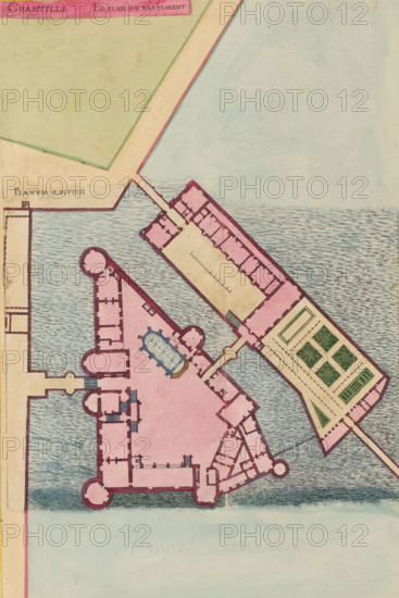 Chantilli Le Plan du Bastiment, Planum Aedificii, Plan of the Château de Chantilly, print, album page, Plan of the Château de Chantilly. Print is part of an album., after design by Jacques Androuet (possibly), colorer (graphic design artist): Anna Beeck, The Hague, 1520 - 1585, printmaker, colorer (graphic design artist), paper, etching, tearing, hand coloring, torn etching hand-colored in pink, green, blue, and yellow, pasted onto album page, a yellow frame with a red border around the image, height 403 mm x width 266 mm, height 540 mm x width 340 mm, The print is torn along the top and bottom edges of the image. Part of the title is pasted higher. The image is supplemented at the top and bottom with drawing and painting., plan, architecture, French or architectonic garden, formal garden, map of garden, Chantilly, Château de Chantilly, A colored architectural plan showing interconnected building structures and surrounding water, rendered in soft pastel tones. The main complex is drawn...