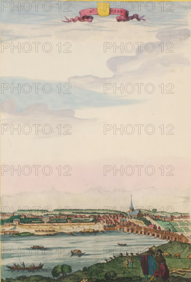 View of the place Saint-Cloud, St. Clou, print, album page, located on the Seine west of Paris. Print is part of an album., colorer (graphic design artist): Anna Beeck, The Hague, 1600 - 1700, printmaker, colorer (graphic design artist), paper, etching, tearing, hand coloring, torn etching hand-colored in pink, green, blue, and yellow, pasted onto album page, around the image a yellow frame with a red border, height 376 mm x width 252 mm, height 540 mm x width 335 mm, The print has been torn along the top edge of the image. The upper part has been pasted higher, so that the sky has become higher and the size of the image matches the other large-format images in the album. The scene is supplemented at the top with a painted sky, river, city-view, and landscape with man-made constructions, Saint-Cloud, A tall vertical scene showing a wide pale sky with soft blue and pink clouds above a distant town on a gently rolling shoreline, a long stone bridge with arches spanning the water, cluster...