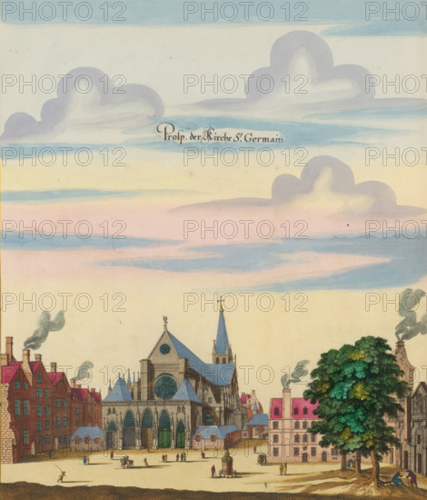 View of the church of Saint-Germain-des-Prés in Paris, Prosp. der Kirche St. Germain, print, album page, View of the church of Saint-Germain-des-Prés in Paris. Print is part of an album., printmaker: Matthäus Merian (II), Frankfurt am Main, Paris, colorer (graphic design artist): Anna Beeck, The Hague, 1655, colorer (graphic design artist), Hessen, paper, engraving, etching, hand coloring, cracks, torn etching and engraving hand-colored in pink, green, blue and yellow, pasted on album page, around the scene a yellow frame with red border, height 330 mm x width 282 mm, height 534 mm x width 330 mm, Print originally produced as a book illustration for: Zeiller, Martin. Topographia Galliae, oder Beschreibung und Contrafaitung der vornehmbsten und bekantisten Oerter in dem mächtigen und grossen Königreich Frankreich, 13 vols. Frankfurt am Main: Caspar Merian, 1655-1661. The print was first published in part 1: Topographia Galliae, 1655., church (exterior), Saint-Germain-des-Prés, Église Sa...