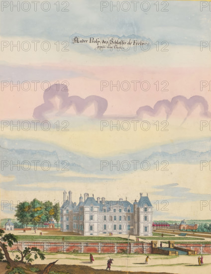 Prosp. dess Schlosses d'Escouan 5 Meijlen von Parijs, View of Château de Berny from the gardens, print, album page, View of Château Château de Berny from the gardens. Print is part of an album., printmaker: Matthäus Merian (II), Frankfurt am Main, after design by Matthäus Merian (II) (possibly), Paris, colorer (graphic design artist): Anna Beeck, The Hague, 1655, Matthäus Merian (II), Anna Beeck, printmaker, after design by, colorer (graphic design artist), Hessen, paper, engraving, etching, tearing, hand coloring, torn etching and engraving colored by hand in pink, green, blue and yellow, pasted on album page, around the scene a yellow frame with red border, height 365 mm x width 282 mm, height 536 mm x width 327 mm, Print originally produced as a book illustration for: Zeiller, Martin. Topographia Galliae, oder Beschreibung und Contrafaitung der vornehmbsten und bekantisten Oerter in dem mächtigen und grossen Königreich Frankreich, 13 vols. Frankfurt am Main: Caspar Merian, 1655-1661...