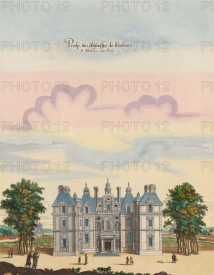 View of the entrance to Château de Berny, Prosp. des Schlosses de Fresnes 8 miles from Paris, print, album page, located in Fresnes south of Paris. Print is part of an album., printmaker: Matthäus Merian (II), Frankfurt am Main, Paris, colorer (graphic design artist): Anna Beeck, The Hague, 1655, colorer (graphic design artist), Hessen, paper, engraving, etching, tearing, hand coloring, torn etching and engraving colored by hand in pink, green, blue and yellow, pasted on album page, around the scene a yellow frame with red border, height 360 mm x width 280 mm, height 536 mm x width 322 mm, Print originally produced as a book illustration for: Zeiller, Martin. Topographia Galliae, oder Beschreibung und Contrafaitung der vornehmbsten und bekantisten Oerter in dem mächtigen und grossen Königreich Frankreich, 13 vols. Frankfurt am Main: Caspar Merian, 1655-1661. The print was first published in part 1: Topographia Galliae, 1655. The print is torn off along the top edge of the image. The ti...