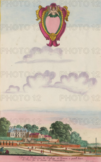 Veüe et Perspective du Chasteau de Fremont a quatre lieues de Paris sur le chemin de Fontainebleau, View of the Château de Fromont, Views of the surroundings of Paris, print, album page, View of the Château de Fromont in Ris-Orangis on the road from Paris to Fontainebleau. In the air an ornamental empty coat of arms. Print is part of an album., printmaker: Israël Silvestre, Paris, publisher: Israël Henriet, colorer (graphic design artist): Anna Beeck, The Hague, 1631 - 1661, colorer (graphic design artist), paper, etching, hand coloring, tears, torn etching hand-colored in pink, green, blue, and yellow, pasted onto an album page, a yellow frame with a red border surrounds the image, height 380 mm x width 236 mm, height 534 mm x width 316 mm, The image is supplemented at the top with a painted sky., hotel, i.e. small palace in city, Château de Fromont, A vertical scene showing a pale sky with soft blue at the top and large fluffy lavender-tinted clouds across the middle, an ornate shiel...
