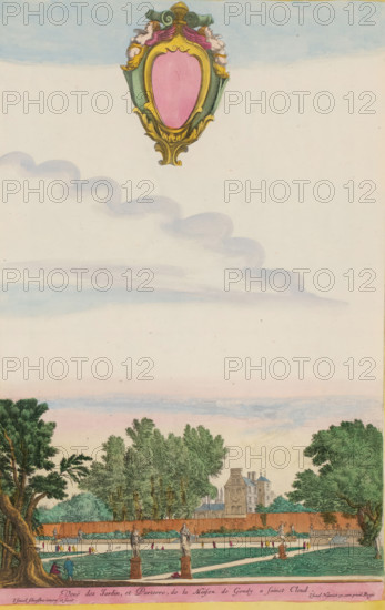 View of the gardens of Château de Saint-Cloud, View of the Gardens, and Parterre, of the House of Gondi at Saint Cloud, Views of the surroundings of Paris, print, album page, house of Jean-François de Gondi, first Archbishop of Paris. In the sky, an ornamental blank coat of arms. Print is part of an album., printmaker: Israël Silvestre, Paris, publisher: Israël Henriet, grantor of privilege: Louis XIV (King of France), colorer (graphic design artist): Anna Beeck, The Hague, 1631 - 1661, colorer (graphic design artist), paper, etching, hand coloring, tearing, torn etching hand-colored in pink, green, blue, and yellow, pasted onto album page, a yellow frame with a red border surrounds the image, height 380 mm x width 247 mm, height 534 mm x width 316 mm, The image is supplemented at the top with a painted sky., castle, French or architectonic garden, formal garden, Saint-Cloud, Saint-Cloud Castle, A vertical scene showing a pale sky with soft horizontal clouds and a decorative pink and g...