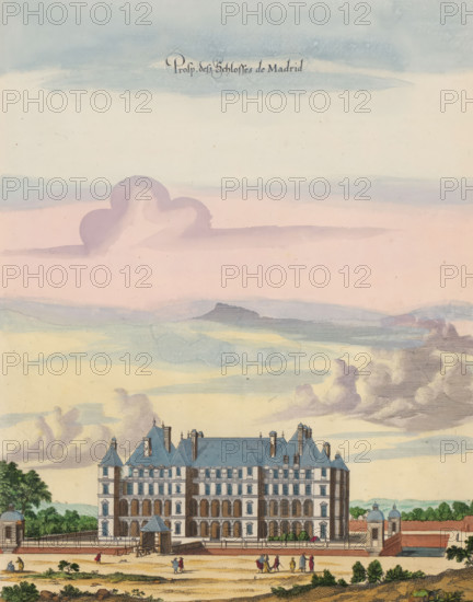 Prosp. des Schlosses de Madrid, View of Château de Madrid, print, album page, View of Château de Madrid. Print is part of an album., printmaker: Matthäus Merian (II), Frankfurt am Main, Paris, colorer (graphic design artist): Anna Beeck, The Hague, 1655, colorer (graphic design artist), Hessen, paper, engraving, etching, tearing, hand coloring, torn etching and engraving colored by hand in pink, green, blue and yellow, pasted on album page, around the scene a yellow frame with red border, height 359 mm x width 281 mm, height 536 mm x width 330 mm, Print originally produced as a book illustration for: Zeiller, Martin. Topographia Galliae, oder Beschreibung und Contrafaitung der vornehmbsten und bekantisten Oerter in dem mächtigen und grossen Königreich Frankreich, 13 volumes. Frankfurt am Main: Caspar Merian, 1655-1661. The print was first published in volume 1: Topographia Galliae, 1655. The print is torn along the top edge of the image. The title has been pasted higher up. The image h...