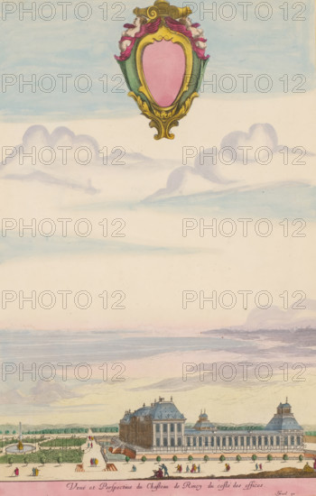 View and Perspective of the Château de Raincy from the costé of the offices, View of the offices of Château du Raincy, Views of the surroundings of Paris, print, album page, View of the offices of Château du Raincy. In the sky an ornamental blank coat of arms. Print is part of an album., printmaker: Israël Silvestre, Paris, publisher: Israël Henriet, colorer (graphic design artist): Anna Beeck, The Hague, 1631 - 1661, colorer (graphic design artist), paper, etching, hand coloring, tears, torn etching hand-colored in pink, green, blue, and yellow, pasted onto an album page, a yellow frame with a red border surrounds the image, height 370 mm x width 244 mm, height 534 mm x width 316 mm, The image is supplemented at the top with a painted sky., castle, French or architectonic garden, formal garden, Château du Raincy, A pale sky with soft blue and pink tones and wispy clouds fills most of the image, with an ornate shield-like cartouche in green, gold, and pink floating near the top; below ...