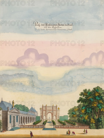 Prosp. des Somerantzen Garten zu Ruel, View of the orangery and a gate at Château du Val de Ruel, print, album page, View of the orangery and a gate at Château du Val de Ruel. Print is part of an album., printmaker: Matthäus Merian (II), Frankfurt am Main, after print by Gabriel Perelle, Paris, colorer (graphic design artist): Anna Beeck, The Hague, 1655, Gabriel Perelle, after print by, colorer (graphic design artist), Hessen, paper, engraving, etching, tearing, hand coloring, torn etching and engraving hand-colored in pink, green, blue and yellow, pasted on album page, around the scene a yellow frame with red border, height 374 mm x width 282 mm, height 536 mm x width 330 mm, Print originally produced as a book illustration for: Zeiller, Martin. Topographia Galliae, oder Beschreibung und Contrafaitung der vornehmbsten und bekantisten Oerter in dem mächtigen und grossen Königreich Frankreich, 13 vols. Frankfurt am Main: Caspar Merian, 1655-1661. The print was first published in part 1...