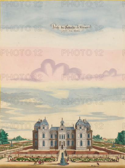 Prosp. des Schlosses de Verneuil gegen dem Garten, View of Château de Verneuil from the gardens, print, album page, View of Château de Verneuil. Print is part of an album., printmaker: Matthäus Merian (II), Frankfurt am Main, after print by Israël Silvestre (possibly), colorer (graphic design artist): Anna Beeck, The Hague, 1655, Israël Silvestre, after print by, colorer (graphic design artist), Hessen, paper, engraving, etching, tearing, hand coloring, torn etching and engraving hand-colored in pink, green, blue and yellow, pasted on album page, around the scene a yellow frame with red border, height 376 mm x width 284 mm, height 536 mm x width 330 mm, Print originally produced as a book illustration for: Zeiller, Martin. Topographia Galliae, oder Beschreibung und Contrafaitung der vornehmbsten und bekantisten Oerter in dem mächtigen und grossen Königreich Frankreich, 13 vols. Frankfurt am Main: Caspar Merian, 1655-1661. The print was first published in part 1: Topographia Galliae, 16...