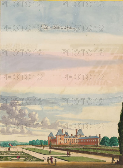 Prosp. des Schlosses de Villeroy, View of Château de Villeroy from the gardens, print, album page, View of Château de Villeroy from the gardens. Print is part of an album., printmaker: Matthäus Merian (II), Frankfurt am Main, after print by Israël Silvestre, colorer (graphic design artist): Anna Beeck, The Hague, 1655, Israël Silvestre, after print by, colorer (graphic design artist), Hessen, paper, engraving, etching, tearing, hand coloring, torn etching and engraving hand-colored in pink, green, blue, and yellow, pasted onto album page, surrounded by a yellow frame with a red border, height 380 mm x width 279 mm, height 536 mm x width 330 mm, Print originally produced as a book illustration for: Zeiller, Martin. Topographia Galliae, oder Beschreibung und Contrafaitung der vornehmbsten und bekantisten Oerter in dem mächtigen und grossen Königreich Frankreich, 13 vols. Frankfurt am Main: Caspar Merian, 1655-1661. The print was first published in part 1: Topographia Galliae, 1655. The p...
