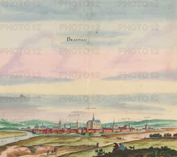 Beauvais, View of the city of Beauvais, print, album page, View of the city of Beauvais. Print is part of an album., printmaker: Matthäus Merian (II), Frankfurt am Main, after drawing by Jan Peeters (I), colorer (graphic design artist): Anna Beeck, The Hague, 1655, colorer (graphic design artist), Hessen, paper, engraving, etching, tearing, hand coloring, torn etching and engraving hand-colored in pink, green, blue, and yellow, pasted onto album page, surrounded by a yellow frame with a red border, height 294 mm x width 300 mm, height 536 mm x width 660 mm, Print originally produced as a book illustration for: Zeiller, Martin. Topographia Galliae, oder Beschreibung und Contrafaitung der vornehmbsten und bekantisten Oerter in dem mächtigen und grossen Königreich Frankreich, 13 vols. Frankfurt am Main: Caspar Merian, 1655-1661. The print was first published in part 1: Topographia Galliae, 1655. The print is torn off along the top edge of the image. The title is posted higher. The represe...