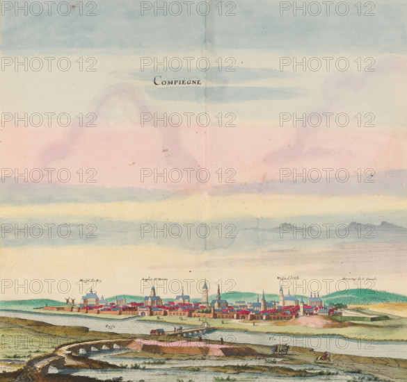 Compiegne, View of the city of Compiègne, print, album page, View of the city of Compiègne. Print is part of an album., printmaker: Matthäus Merian (II), Frankfurt am Main, after drawing by Jan Peeters (I), colorer (graphic design artist): Anna Beeck, The Hague, 1655, colorer (graphic design artist), Hessen, paper, engraving, etching, tearing, hand coloring, torn etching and engraving hand-colored in pink, green, blue, and yellow, pasted onto album page, surrounded by a yellow frame with a red border, height 313 mm x width 300 mm, height 536 mm x width 660 mm, Print originally produced as a book illustration for: Zeiller, Martin. Topographia Galliae, oder Beschreibung und Contrafaitung der vornehmbsten und bekantisten Oerter in dem mächtigen und grossen Königreich Frankreich, 13 vols. Frankfurt am Main: Caspar Merian, 1655-1661. The print was first published in part 1: Topographia Galliae, 1655. The print is torn off along the top edge of the image. The title is posted higher. The repr...