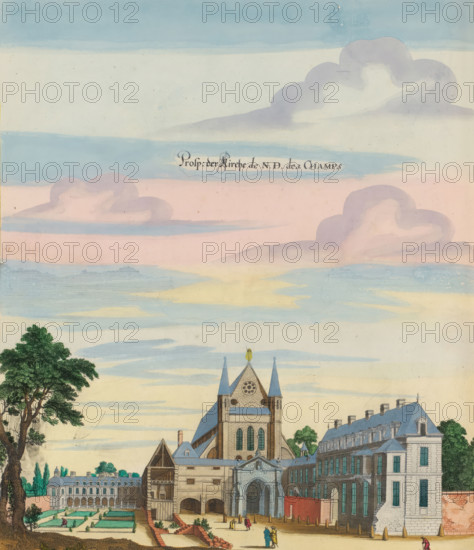 Prosp. of the Church of Notre-Dame-des-Champs, View of the Church of Notre-Dame-des-Champs in Paris, print, album page, View of the Church of Notre-Dame-des-Champs in Paris. Print is part of an album., printmaker: Matthäus Merian (II), Frankfurt am Main, Paris, colorer (graphic design artist): Anna Beeck, The Hague, 1655, colorer (graphic design artist), Hessen, paper, engraving, etching, hand coloring, cracks, torn etching and engraving hand-colored in pink, green, blue and yellow, pasted on album page, around the scene a yellow frame with red border, height 334 mm x width 285 mm, height 534 mm x width 330 mm, Print originally produced as a book illustration for: Zeiller, Martin. Topographia Galliae, oder Beschreibung und Contrafaitung der vornehmbsten und bekantisten Oerter in dem mächtigen und grossen Königreich Frankreich, 13 vols. Frankfurt am Main: Caspar Merian, 1655-1661. The print was first published in part 1: Topographia Galliae, 1655., church (exterior), Église Notre-Dame-d...