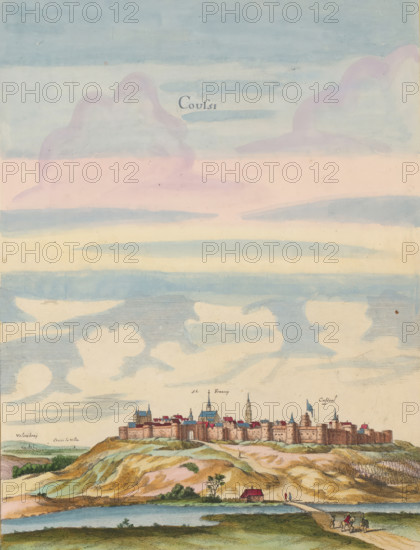 View of the castle and fortress of Coucy, Coussi, print, album page, View of Château de Coucy. Print is part of an album., printmaker: Matthäus Merian (II), Frankfurt am Main, colorer (graphic design artist): Anna Beeck, The Hague, 1655, colorer (graphic design artist), Hessen, paper, engraving, etching, tearing, hand coloring, torn etching and engraving colored by hand in pink, green, blue and yellow, pasted on album page, around the scene a yellow frame with red border, height 372 mm x width 278 mm, height 536 mm x width 330 mm, Print originally produced as a book illustration for: Zeiller, Martin. Topographia Galliae, oder Beschreibung und Contrafaitung der vornehmbsten und bekantisten Oerter in dem mächtigen und grossen Königreich Frankreich, 13 vols. Frankfurt am Main: Caspar Merian, 1655-1661. The print was first published in part 1: Topographia Galliae, 1655. The print is torn off along the top edge of the image. The title is posted higher. The scene is supplemented at the top w...
