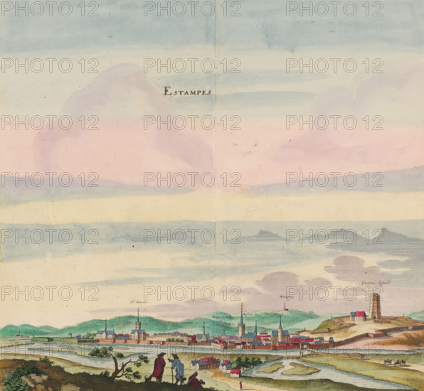 View of the city of Étampes, Estampes, print, album page, View of the city of Étampes. The castle tower is on the right. Print is part of an album., printmaker: Matthäus Merian (II), Frankfurt am Main, after drawing by Jan Peeters (I), colorer (graphic design artist): Anna Beeck, The Hague, 1655, colorer (graphic design artist), Hessen, paper, engraving, etching, tearing, hand coloring, torn etching and engraving hand-colored in pink, green, blue, and yellow, pasted onto album page, surrounded by a yellow frame with a red border, height 316 mm x width 320 mm, height 536 mm x width 660 mm, Print originally produced as a book illustration for: Zeiller, Martin. Topographia Galliae, oder Beschreibung und Contrafaitung der vornehmbsten und bekantisten Oerter in dem mächtigen und grossen Königreich Frankreich, 13 vols. Frankfurt am Main: Caspar Merian, 1655-1661. The print was first published in part 1: Topographia Galliae, 1655. The print is torn off along the top edge of the image. The tit...