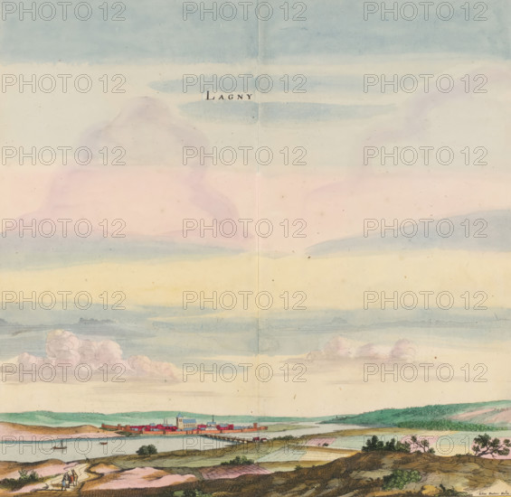 View of the town of Lagny-sur-Marne, Lagny, print, album page, View of the town of Lagny-sur-Marne. Print is part of an album., printmaker: Matthäus Merian (II), Frankfurt am Main, after drawing by Jan Peeters (I), colorer (graphic design artist): Anna Beeck, The Hague, 1655, colorer (graphic design artist), Hessen, paper, engraving, etching, tearing, hand coloring, torn etching and engraving hand-colored in pink, green, blue, and yellow, pasted onto album page, surrounded by a yellow frame with a red border, height 324 mm x width 320 mm, height 536 mm x width 660 mm, Print originally produced as a book illustration for: Zeiller, Martin. Topographia Galliae, oder Beschreibung und Contrafaitung der vornehmbsten und bekantisten Oerter in dem mächtigen und grossen Königreich Frankreich, 13 vols. Frankfurt am Main: Caspar Merian, 1655-1661. The print was first published in part 1: Topographia Galliae, 1655. The print is torn off along the top edge of the image. The title is posted higher. ...