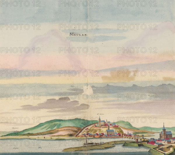 Meulan, View of the city of Meulan, print, album page, View of the city of Meulan. In the foreground the river Seine. Print is part of an album., printmaker: Matthäus Merian (II), Frankfurt am Main, after drawing by Jan Peeters (I), colorer (graphic design artist): Anna Beeck, The Hague, 1655, colorer (graphic design artist), Hessen, paper, engraving, etching, tearing, hand coloring, torn etching and engraving hand-colored in pink, green, blue, and yellow, pasted onto album page, surrounded by a yellow frame with a red border, height 297 mm x width 315 mm, height 536 mm x width 660 mm, Print originally produced as a book illustration for: Zeiller, Martin. Topographia Galliae, oder Beschreibung und Contrafaitung der vornehmbsten und bekantisten Oerter in dem mächtigen und grossen Königreich Frankreich, 13 vols. Frankfurt am Main: Caspar Merian, 1655-1661. The print was first published in part 1: Topographia Galliae, 1655. The print is torn off along the top edge of the image. The title ...