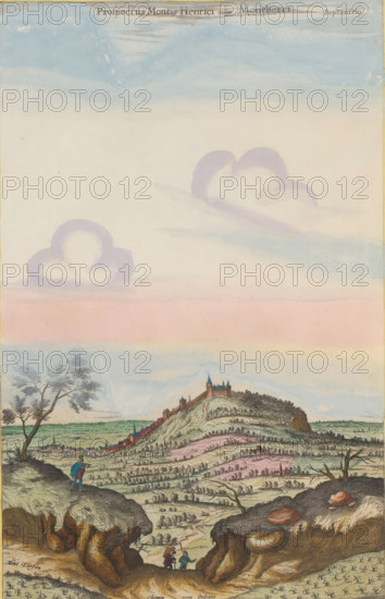 View of the place Henrichemont, Prospectus Montis Henrici vulgo Montherri, print, album page, situated on a mountain. Print is part of an album., printmaker: Symon Novelanus (possibly), Cologne, printmaker: Frans Hogenberg (possibly), after drawing by Joris Hoefnagel, colorer (graphic design artist): Anna Beeck, The Hague, 1596, colorer (graphic design artist), paper, engraving, etching, hand coloring, tears, torn etching and engraving hand-colored in pink, green, blue, and yellow, pasted onto album page, surrounded by a yellow frame with a red border, height 372 mm x width 237 mm, height 536 mm x width 345 mm, Print originally produced as a book illustration for: Georg Braun and Frans Hogenberg. Civitates Orbis Terrarum, 6 volumes. Cologne: 1572-1617. The print was first published in volume 5: Urbium praecipuarum mundi theatrum quintum, 1596. The print has been torn along the top edge of the hills. The upper part with the sky has been pasted on higher, so that the sky has become highe...