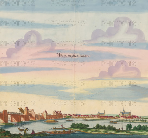 Prosp. der Statt Poissy, View of the city of Poissy, print, album page, View of the city of Poissy. In the foreground the river Seine. Print is part of an album., printmaker: Matthäus Merian (II), Frankfurt am Main, colorer (graphic design artist): Anna Beeck, The Hague, 1655, colorer (graphic design artist), Hessen, paper, engraving, etching, tearing, hand coloring, torn etching and engraving colored by hand in pink, green, blue and yellow, pasted on album page, around the scene a yellow frame with red border, height 314 mm x width 320 mm, height 536 mm x width 660 mm, Print originally produced as a book illustration for: Zeiller, Martin. Topographia Galliae, oder Beschreibung und Contrafaitung der vornehmbsten und bekantisten Oerter in dem mächtigen und grossen Königreich Frankreich, 13 vols. Frankfurt am Main: Caspar Merian, 1655-1661. The print was first published in part 1: Topographia Galliae, 1655. The print is torn off along the top edge of the image. The title is posted higher...