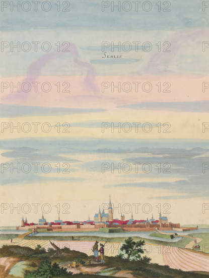 View of the city of Senlis, Senlis, print, album page, View of the city of Senlis. In the foreground two figures. Print is part of an album., publisher: Christoph Riegel (possibly), Nuremberg, colorer (graphic design artist): Anna Beeck, The Hague, c. 1690, printmaker, colorer (graphic design artist), Bavaria, paper, engraving, etching, tearing, hand coloring, torn etching and engraving hand-colored in pink, green, blue, and yellow, pasted onto album page, around the image a yellow frame with a red border, height 372 mm x width 278 mm, height 536 mm x width 350 mm, Print originally produced as a book illustration for: Zeiller, Martin. Topographia Galliae, oder Beschreibung und Contrafaitung der vornehmbsten und bekantisten Oerter in dem mächtigen und grossen Königreich Frankreich, 13 vols. Frankfurt am Main: Caspar Merian, 1655-1661. The print was first published in part 1: Topographia Galliae, 1655. The print is torn off along the top edge of the image. The title is posted higher. The...