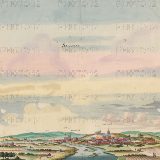 Soissons, View of the city of Soissons, print, album page, View of the city of Soissons. In the foreground the river Aisne. Print is part of an album., printmaker: Matthäus Merian (II), Frankfurt am Main, after drawing by Jan Peeters (I), colorer (graphic design artist): Anna Beeck, The Hague, 1655, colorer (graphic design artist), Hessen, paper, engraving, etching, tearing, hand coloring, torn etching and engraving hand-colored in pink, green, blue, and yellow, pasted onto album page, surrounded by a yellow frame with a red border, height 330 mm x width 320 mm, height 536 mm x width 660 mm, Print originally produced as a book illustration for: Zeiller, Martin. Topographia Galliae, oder Beschreibung und Contrafaitung der vornehmbsten und bekantisten Oerter in dem mächtigen und grossen Königreich Frankreich, 13 vols. Frankfurt am Main: Caspar Merian, 1655-1661. The print was first published in part 1: Topographia Galliae, 1655. The print is torn off along the top edge of the image. The ...