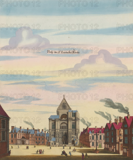 Prosp. of the St. Eustache Church, View of the church of Saint-Eustache in Paris, print, album page, View of the church of Saint-Eustache in Paris. Print is part of an album., printmaker: Matthäus Merian (II), Frankfurt am Main, Paris, colorer (graphic design artist): Anna Beeck, The Hague, 1655, colorer (graphic design artist), Hessen, paper, engraving, etching, hand coloring, cracks, torn etching and engraving hand-colored in pink, green, blue and yellow, pasted on album page, around the scene a yellow frame with red border, height 334 mm x width 277 mm, height 534 mm x width 330 mm, Print originally produced as a book illustration for: Zeiller, Martin. Topographia Galliae, oder Beschreibung und Contrafaitung der vornehmbsten und bekantisten Oerter in dem mächtigen und grossen Königreich Frankreich, 13 vols. Frankfurt am Main: Caspar Merian, 1655-1661. The print was first published in part 1: Topographia Galliae, 1655., church (exterior), Prieuré Saint-Martin-des-Champs, A wide city ...