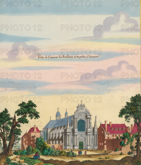 Prolp: the Conuent des Feuillans in der gases St. Honore, View of the monastery Couvent des Feuillants, print, album page, Print is part of an album., print maker: Matthäus Merian, Frankfurt am Main, Paris, colorer (graphic design artist): Anna Beeck, The Hague, 1655, printmaker, colorer (graphic design artist), Hessen, paper, engraving, etching, hand coloring, tears, torn etching and engraving hand-colored in pink, green, blue and yellow, pasted on album page, around the scene a yellow frame with red border, height 337 mm x width 282 mm, height 534 mm x width 330 mm, Print originally produced as a book illustration for: Zeiller, Martin. Topographia Galliae, oder Beschreibung und Contrafaitung der vornehmbsten und bekantisten Oerter in dem mächtigen und grossen Königreich Frankreich, 13 vols. Frankfurt am Main: Caspar Merian, 1655-1661. The print was first published in part 1: Topographia Galliae, 1655., abbey, monastery, convent, Roman Catholic church, Couvent des Feuillants, A painte...
