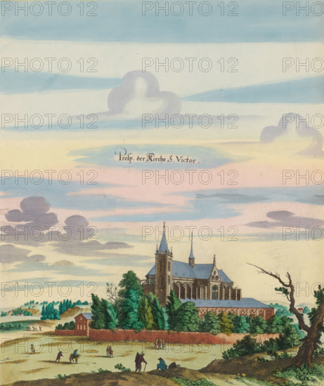 View of the church and monastery of Saint-Victor in Paris, Prosp. der Kirche S. Victor, print, album page, View of the church and monastery of Saint-Victor in Paris. Print is part of an album., printmaker: Matthäus Merian (II), Frankfurt am Main, Paris, colorer (graphic design artist): Anna Beeck, The Hague, 1655, colorer (graphic design artist), Hessen, paper, engraving, etching, hand coloring, cracks, torn etching and engraving hand-colored in pink, green, blue and yellow, pasted on album page, around the scene a yellow frame with red border, height 337 mm x width 282 mm, height 534 mm x width 330 mm, Print originally produced as a book illustration for: Zeiller, Martin. Topographia Galliae, oder Beschreibung und Contrafaitung der vornehmbsten und bekantisten Oerter in dem mächtigen und grossen Königreich Frankreich, 13 vols. Frankfurt am Main: Caspar Merian, 1655-1661. The print was first published in part 1: Topographia Galliae, 1655., church (exterior), abbey, monastery, convent, ...