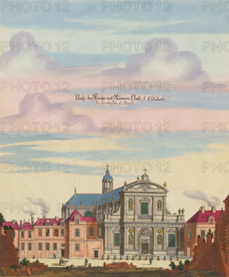 View of the Church of Saint Elisabeth in Paris, Prosp. der Kirche und Nunnen Clost: S. Elisabeth In der Gassen du Temple, print, album page, View of the Church of Saint Elisabeth in Paris. Print is part of an album., printmaker: Matthäus Merian (II), Frankfurt am Main, Paris, colorer (graphic design artist): Anna Beeck, The Hague, 1655, colorer (graphic design artist), Hessen, paper, engraving, etching, hand coloring, cracks, torn etching and engraving hand-colored in pink, green, blue and yellow, pasted on album page, around the scene a yellow frame with red border, height 330 mm x width 280 mm, height 534 mm x width 330 mm, Print originally produced as a book illustration for: Zeiller, Martin. Topographia Galliae, oder Beschreibung und Contrafaitung der vornehmbsten und bekantisten Oerter in dem mächtigen und grossen Königreich Frankreich, 13 vols. Frankfurt am Main: Caspar Merian, 1655-1661. The print was first published in part 1: Topographia Galliae, 1655., church (exterior), Égli...