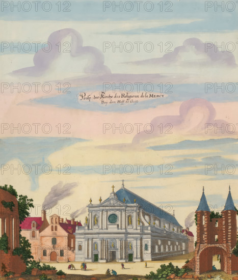 View of the church and convent of the Order of Our Lady of Charity in Paris, Prosp. der Kirche des Religieux de la Mercy Beij dem Hoff de Guise, print, album page, View of the church and convent of the Order of Our Lady of Charity in Paris. Print is part of an album., printmaker: Matthäus Merian (II), Frankfurt am Main, Paris, colorer (graphic design artist): Anna Beeck, The Hague, 1655, colorer (graphic design artist), Hessen, paper, engraving, etching, hand coloring, cracks, torn etching and engraving hand-colored in pink, green, blue and yellow, pasted on album page, around the scene a yellow frame with red border, height 326 mm x width 278 mm, height 534 mm x width 330 mm, Print originally produced as a book illustration for: Zeiller, Martin. Topographia Galliae, oder Beschreibung und Contrafaitung der vornehmbsten und bekantisten Oerter in dem mächtigen und grossen Königreich Frankreich, 13 vols. Frankfurt am Main: Caspar Merian, 1655-1661. The print was first published in part 1:...