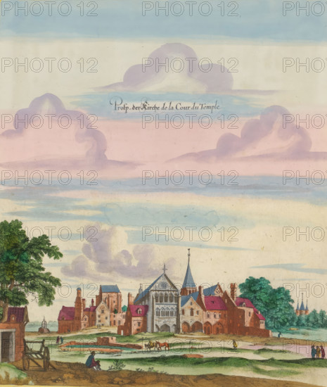 View of the buildings of the Templar monastery and church in Paris, Prosp. der Kirche de la Cour du Temple, print, album page, View of the buildings of the Templar monastery and church in Paris. To the right, behind the trees, the Tour du Temple. Print is part of an album., printmaker: Matthäus Merian (II), Frankfurt am Main, Paris, colorer (graphic design artist): Anna Beeck, The Hague, 1655, colorer (graphic design artist), Hessen, paper, engraving, etching, hand coloring, cracks, torn etching and engraving hand-colored in pink, green, blue and yellow, pasted on album page, around the scene a yellow frame with red border, height 328 mm x width 284 mm, height 534 mm x width 330 mm, Print originally produced as a book illustration for: Zeiller, Martin. Topographia Galliae, oder Beschreibung und Contrafaitung der vornehmbsten und bekantisten Oerter in dem mächtigen und grossen Königreich Frankreich, 13 vols. Frankfurt am Main: Caspar Merian, 1655-1661. The print was first published in p...