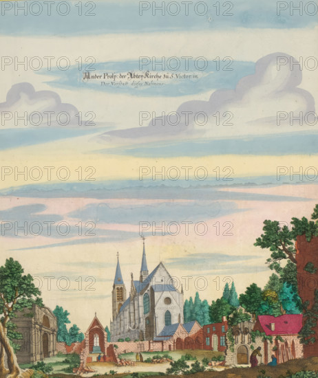 View of the Abbey Church of Saint-Victor in Paris, Ander Prosp. der Abten Kirche zu St. Victor in der Vorstatt dieses Nahmens, print, album page, View of the Abbey Church of Saint-Victor in Paris. Ruins in the foreground. Print is part of an album., printmaker: Matthäus Merian (II), Frankfurt am Main, Paris, colorer (graphic design artist): Anna Beeck, The Hague, 1655, colorer (graphic design artist), Hessen, paper, engraving, etching, hand coloring, cracks, torn etching and engraving hand-colored in pink, green, blue and yellow, pasted on album page, around the scene a yellow frame with red border, height 335 mm x width 281 mm, height 534 mm x width 330 mm, Print originally produced as a book illustration for: Zeiller, Martin. Topographia Galliae, oder Beschreibung und Contrafaitung der vornehmbsten und bekantisten Oerter in dem mächtigen und grossen Königreich Frankreich, 13 vols. Frankfurt am Main: Caspar Merian, 1655-1661. The print was first published in part 1: Topographia Gallia...