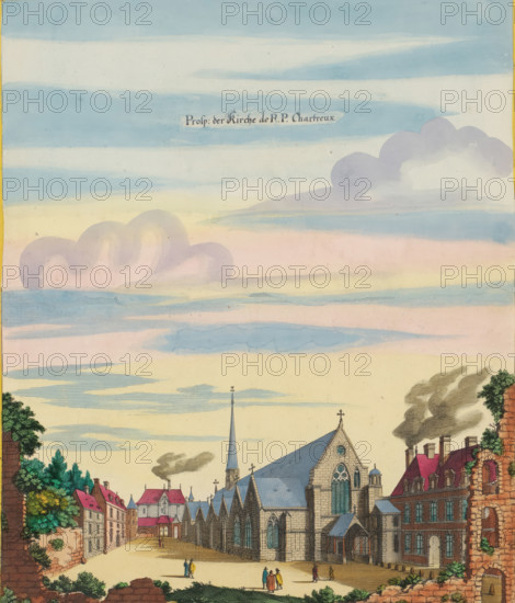 View of the Carthusian Church in Paris, Prosp. der Kirche de RP Chartreux, print, album page, View of the Carthusian Church in Paris. Print is part of an album., printmaker: Matthäus Merian (II), Frankfurt am Main, Paris, colorer (graphic design artist): Anna Beeck, The Hague, 1655, colorer (graphic design artist), Hessen, paper, engraving, etching, hand coloring, cracks, torn etching and engraving hand-colored in pink, green, blue and yellow, pasted on album page, around the scene a yellow frame with red border, height 328 mm x width 276 mm, height 534 mm x width 330 mm, Print originally produced as a book illustration for: Zeiller, Martin. Topographia Galliae, oder Beschreibung und Contrafaitung der vornehmbsten und bekantisten Oerter in dem mächtigen und grossen Königreich Frankreich, 13 vols. Frankfurt am Main: Caspar Merian, 1655-1661. The print was first published in part 1: Topographia Galliae, 1655., church (exterior), Église du Monastere des Chartreux, A pastel sky with soft h...