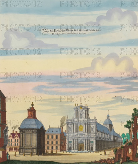 View of the Church of Saint-Paul-Saint-Louis in Paris, Prosp. dess Portals der Kirche de la Maison Professe des RP Jesuistes in der Gassen St. Anthoni, print, album page, View of the Church of Saint-Paul-Saint-Louis, Church of the Jesuits in Paris. Print is part of an album., printmaker: Matthäus Merian (II), Frankfurt am Main, Paris, colorer (graphic design artist): Anna Beeck, The Hague, 1655, colorer (graphic design artist), Hessen, paper, engraving, etching, hand coloring, cracks, torn etching and engraving hand-colored in pink, green, blue and yellow, pasted on album page, around the scene a yellow frame with red border, height 331 mm x width 282 mm, height 534 mm x width 330 mm, Print originally produced as a book illustration for: Zeiller, Martin. Topographia Galliae, oder Beschreibung und Contrafaitung der vornehmbsten und bekantisten Oerter in dem mächtigen und grossen Königreich Frankreich, 13 vols. Frankfurt am Main: Caspar Merian, 1655-1661. The print was first published in...