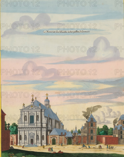 View of a Jesuit church on the rue Pot-de-Fer in Paris, Le Noviciat des Jesuistes in der Gassen S. Germain, print, album page, View of a Jesuit church on the rue Pot-de-Fer in Paris. Print is part of an album., printmaker: Matthäus Merian (II), Frankfurt am Main, Paris, colorer (graphic design artist): Anna Beeck, The Hague, 1655, colorer (graphic design artist), Hessen, paper, engraving, etching, hand coloring, cracks, torn etching and engraving hand-colored in pink, green, blue and yellow, pasted on album page, around the scene a yellow frame with red border, height 334 mm x width 257 mm, height 534 mm x width 330 mm, Print originally produced as a book illustration for: Zeiller, Martin. Topographia Galliae, oder Beschreibung und Contrafaitung der vornehmbsten und bekantisten Oerter in dem mächtigen und grossen Königreich Frankreich, 13 vols. Frankfurt am Main: Caspar Merian, 1655-1661. The print was first published in part 1: Topographia Galliae, 1655., church (exterior), Église Nov...