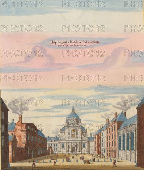 Prosp. dess grossen Portals de Sorbonne sampt Dem Colegio und der Universitet, View of the Sorbonne University of Paris, print, album page, View of the facade of the Sorbonne, University of Paris. Print is part of an album., printmaker: Matthäus Merian (II), Frankfurt am Main, Paris, colorer (graphic design artist): Anna Beeck, The Hague, 1655, colorer (graphic design artist), Hessen, paper, engraving, etching, hand coloring, cracks, torn etching and engraving hand-colored in pink, green, blue and yellow, pasted on album page, around the scene a yellow frame with red border, height 334 mm x width 281 mm, height 534 mm x width 330 mm, Print originally produced as a book illustration for: Zeiller, Martin. Topographia Galliae, oder Beschreibung und Contrafaitung der vornehmbsten und bekantisten Oerter in dem mächtigen und grossen Königreich Frankreich, 13 vols. Frankfurt am Main: Caspar Merian, 1655-1661. The print was first published in part 1: Topographia Galliae, 1655., university, Sor...