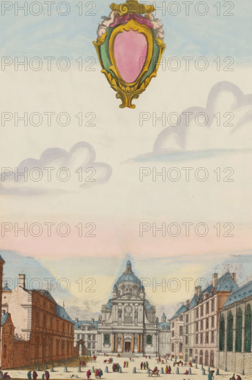 The Grand Portal and Church of the Sorbonne, College at the University of Paris, View of the facade of the Sorbonne in Paris, print, album page, View of the facade of the Sorbonne in Paris. Various figures in the square. An ornamental cartouche in the sky. Print is part of an album., printmaker: Israël Silvestre, Paris, publisher: Israël Henriet (possibly), colorer (graphic design artist): Anna Beeck, The Hague, 1631 - 1661, colorer (graphic design artist), paper, etching, hand coloring, tears, torn etching hand-colored in pink, green, blue, and yellow, pasted onto album page, a yellow frame with a red border around the image, height 375 mm x width 254 mm, height 535 mm x width 335 mm, church (exterior), university, Sorbonne, A sky with pale blue and pink hues and soft stylized clouds fills the upper area, with an ornate cartouche featuring a pink shield shape and gold and green scrollwork near the top center; below, a grand classical building with a domed roof and decorative facade si...
