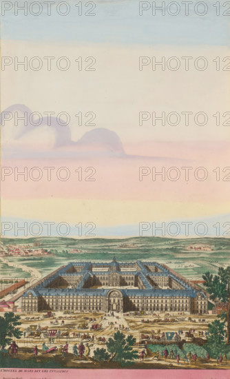 View of the Hôtel des Invalides in Paris, L'Hostel de Mars dit les Invalides, print, album page, View of the Hôtel des Invalides, residence for former soldiers, in Paris. Print is part of an album., printmaker: Aldert Meyer, Northern Netherlands, after drawing by Perelle, publisher: Carel Allard, Amsterdam, colorer (graphic design artist): Anna Beeck, The Hague, 1685 - 1695, Aldert Meyer, Perelle, Carel Allard, Anna Beeck, printmaker, after drawing by, publisher, colorer (graphic design artist), paper, etching, hand coloring, etching hand-colored in pink, green, blue, and yellow, pasted onto an album page, surrounded by a yellow frame with a red border, height 439 mm x width 268 mm, height 535 mm x width 335 mm, The image is supplemented at the top with a painted sky., old-soldiers-home, 'Hôtel des Invalides', Paris, Hôtel des Invalides, A large neoclassical palace with a central dome and symmetrical wings fills the lower portion of the image, surrounded by courtyards and detailed roof...