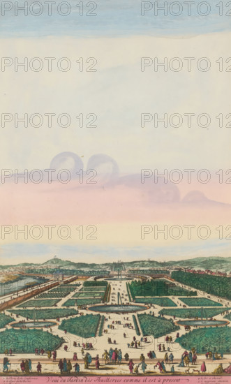 View of the gardens of the Palais des Tuileries in Paris, View of the Garden of the Tuileries as it is present, print, album page, View of the gardens of the Palais des Tuileries in Paris. Various figures in the gardens. Print is part of an album., printmaker: Aldert Meyer, Northern Netherlands, after design by Nicolas Perelle, Paris, publisher: Carel Allard, Amsterdam, grantor of privilege: States of Holland and West Friesland, colorer (graphic design artist): Anna Beeck, The Hague, 1685 - 1695, colorer (graphic design artist), paper, etching, engraving, hand coloring, tears, torn etching and engraving hand-colored in pink, green, blue, and yellow, pasted onto album page, a yellow frame with a red border around the image, height 437 mm x width 267 mm, height 535 mm x width 319 mm, The print is torn along the top edge of the image. The top part has been pasted higher, so that the sky has become higher and the size of the image matches the other large-format images in the album., garden...