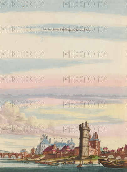 Prosp. des Thurms de Nesle und dess Pallasts de Nevers, View of the Tour de Nesle and the Palais de Nevers in Paris, print, album page, seen from the river Seine. Print is part of an album., printmaker: Matthäus Merian (II), Frankfurt am Main, Paris, colorer (graphic design artist): Anna Beeck, The Hague, 1655, colorer (graphic design artist), Hessen, paper, engraving, etching, hand coloring, tears, torn etching and engraving hand-colored in pink, green, blue, and yellow, pasted onto album page, surrounded by a yellow frame with a red border, height 378 mm x width 278 mm, height 536 mm x width 320 mm, Print originally produced as a book illustration for: Zeiller, Martin. Topographia Galliae, oder Beschreibung und Contrafaitung der vornehmbsten und bekantisten Oerter in dem mächtigen und grossen Königreich Frankreich, 13 parts. Frankfurt am Main: Caspar Merian, 1655-1661. The print was first published in volume 1: Topographia Galliae, 1655. The print has been torn along the top edge of ...