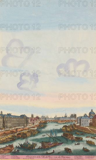 View of the Seine and Île de la Cité from Pont Rouge, Perspective de la Ville de Paris veüe du Pont rouge, print, album page, View of the Seine and Île de la Cité from Pont Rouge. Many ships in the foreground. In the background Île de la Cité and Pont Neuf. Print is part of an album., printmaker: Aldert Meyer, Northern Netherlands, after design by Nicolas Perelle, Paris, publisher: Carel Allard, Amsterdam, grantor of privilege: States of Holland and West Friesland, colorer (graphic design artist): Anna Beeck, The Hague, 1685 - 1695, colorer (graphic design artist), paper, etching, engraving, hand coloring, tears, torn etching and engraving hand-colored in pink, green, blue, and yellow, pasted onto album page, a yellow frame with a red border around the image, height 440 mm x width 267 mm, height 535 mm x width 319 mm, The print is torn along the top edge of the image. The top part has been pasted higher, so that the sky has become higher and the size of the image matches the other larg...