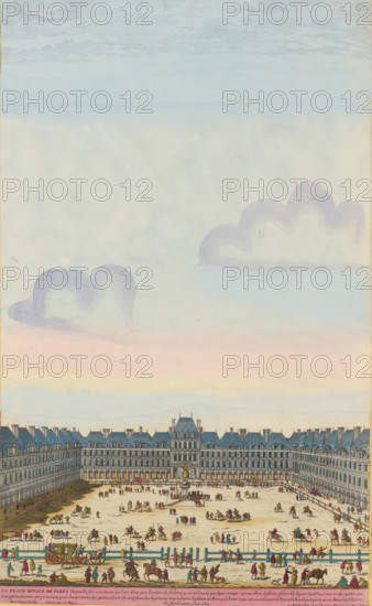 The Place Royale of Paris, View of the Place Royal in Paris, print, album page, View of the Place Royal in Paris. On the square, an equestrian statue of Louis XIII, King of France. Print is part of an album., printmaker: Aldert Meyer, Northern Netherlands, after design by Nicolas Perelle, Paris, publisher: Carel Allard, Amsterdam, grantor of privilege: States of Holland and West Friesland, colorer (graphic design artist): Anna Beeck, The Hague, 1685 - 1695, colorer (graphic design artist), paper, etching, engraving, hand coloring, tears, torn etching and engraving hand-colored in pink, green, blue, and yellow, pasted onto album page, a yellow frame with a red border around the image, height 439 mm x width 268 mm, height 535 mm x width 319 mm, The print is torn along the top edge of the image. The top part has been pasted higher, so that the sky has become higher and the size of the image matches the other large-format images in the album., village square, Place, Place Royale (Paris), A...