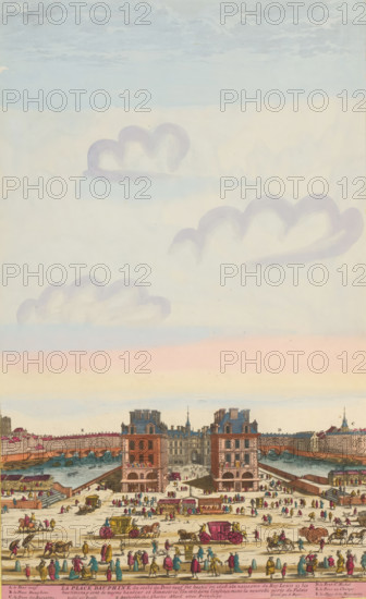 View of Place Dauphine in Paris, La Place Dauphine, print, album page, View of Place Dauphine in Paris. Several stalls on the square. In the foreground, carriages and figures. Print is part of an album., printmaker: Aldert Meyer, Northern Netherlands, after design by Nicolas Perelle, Paris, publisher: Carel Allard, Amsterdam, grantor of privilege: States of Holland and West Friesland, colorer (graphic design artist): Anna Beeck, The Hague, 1685 - 1695, colorer (graphic design artist), paper, etching, engraving, hand coloring, tears, torn etching and engraving hand-colored in pink, green, blue, and yellow, pasted onto album page, a yellow frame with a red border around the image, height 437 mm x width 268 mm, height 535 mm x width 319 mm, The print is torn along the top edge of the image. The top part has been pasted higher, so that the sky has become higher and the size of the image matches the other large-format images in the album., village square, Place, Place Dauphine, A wide verti...