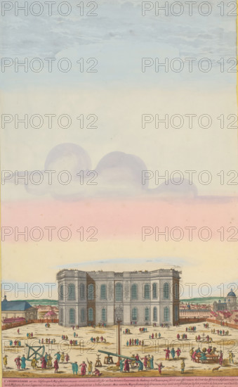 View of the Observatoire in Paris, L'Observatoire, print, album page, View of the observatory (Observatoire), center for astronomy, in Paris. On the square in front of the building, scholars are engaged in scientific experiments. Print is part of an album., printmaker: Aldert Meyer, Northern Netherlands, after print by Nicolas Perelle, Paris, publisher: Carel Allard, Amsterdam, grantor of privilege: States of Holland and West Friesland, colorer (graphic design artist): Anna Beeck, The Hague, 1685 - 1695, Aldert Meyer, Nicolas Perelle, Carel Allard, States of Holland and West Friesland, Anna Beeck, printmaker, after print by, publisher, grantor of privilege, colorer (graphic design artist), paper, etching, engraving, hand coloring, tears, torn etching and engraving hand-colored in pink, green, blue, and yellow, pasted onto album page, a yellow frame with a red border around the image, height 438 mm x width 267 mm, height 535 mm x width 319 mm, The print is torn along the top edge of the...