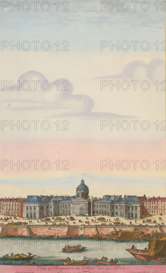 View and Perspective of the Collège des 4 Nations, View of the Collège des Quatre-Nations in Paris, print, album page, View of the Collège des Quatre-Nations in Paris. In the foreground various ships on the river Seine. Print is part of an album., printmaker: Aldert Meyer, Northern Netherlands, after design by Nicolas Perelle, Paris, publisher: Carel Allard, Amsterdam, grantor of privilege: States of Holland and West Friesland, colorer (graphic design artist): Anna Beeck, The Hague, 1685 - 1695, colorer (graphic design artist), paper, etching, hand coloring, tearing, torn etching hand-colored in pink, green, blue, and yellow, pasted onto album page, a yellow frame with a red border around the image, height 437 mm x width 268 mm, height 535 mm x width 319 mm, The print is torn along the top edge of the image. The top part has been pasted higher, so that the sky has become higher and the size of the image matches the other large-format images in the album., palace, Collège des Quatre-Nat...