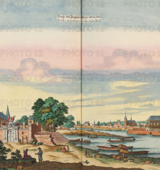 View of the Seine in Paris with the arsenal on the left, Prosp. desz Zeughauss in Parijs und du Mail, print, album page, View of the Seine in Paris with the weapons storage building on the left. Print is part of an album., printmaker: Matthäus Merian (II), Frankfurt am Main, Paris, colorer (graphic design artist): Anna Beeck, The Hague, 1655, colorer (graphic design artist), Hessen, paper, engraving, etching, hand coloring, tears, torn etching and engraving hand-colored in pink, green, blue, and yellow, pasted onto album page, around the image a yellow frame with a red border, height 344 mm x width 330 mm, height 536 mm x width 620 mm, Print originally produced as a book illustration for: Zeiller, Martin. Topographia Galliae, oder Beschreibung und Contrafaitung der vornehmbsten und bekantisten Oerter in dem mächtigen und grossen Königreich Frankreich, 13 parts. Frankfurt am Main: Caspar Merian, 1655-1661. The print was first published in volume 1: Topographia Galliae, 1655. The print h...