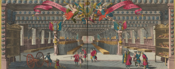 Arms store in the Bastille in Paris, Magazin Royal des armes a Paris, colloquially called the Bastille, print, album page, View of the arms store in the Bastille in Paris. Print is part of an album., France, Northern Netherlands, colorer (graphic design artist): Anna Beeck, The Hague, 1700 - 1705, colorer (graphic design artist), paper, etching, hand coloring, etching hand-colored in pink, green, blue, and yellow, pasted onto album page, surrounded by a yellow frame with a red border, height 190 mm x width 465 mm, height 536 mm x width 620 mm, ammunition store, arsenal, Paris, Bastille, A wide interior view of a large hall with high ceilings, rows of tall windows along the side walls, and long racks holding many long, thin objects standing upright along the length of the room; ornate columns and pedestals with decorative busts and sculptures flank the central aisle, and a decorated entablature runs along the top with sculpted bosses. At the far end a recessed doorway or opening is visi...