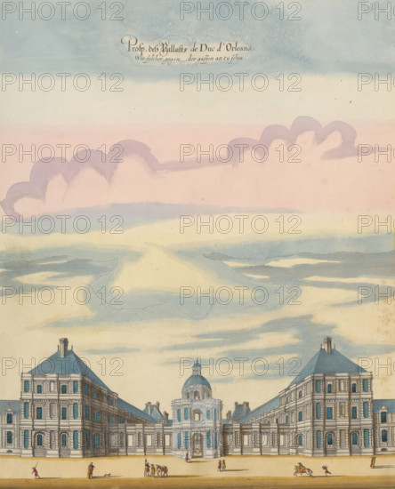 View of the facade of Palais du Luxembourg, Prosp. dess Pallasts de Duc d'Orleans Wie solcher gegen der gasen an zhen, print, album page, View of the facade of Palais du Luxembourg. In the foreground some figures. Print is part of an album., printmaker: Matthäus Merian (II), Frankfurt am Main, after print by Israël Silvestre, Paris, colorer (graphic design artist): Anna Beeck, The Hague, 1655, Matthäus Merian (II), Israël Silvestre, Anna Beeck, printmaker, after print by, colorer (graphic design artist), Hessen, paper, engraving, etching, hand coloring, tears, torn etching and engraving hand-colored in pink, green, blue, and yellow, pasted onto album page, surrounded by a yellow frame with a red border, height 343 mm x width 281 mm, height 536 mm x width 315 mm, Print originally produced as a book illustration for: Zeiller, Martin. Topographia Galliae, oder Beschreibung und Contrafaitung der vornehmbsten und bekantisten Oerter in dem mächtigen und grossen Königreich Frankreich, 13 part...