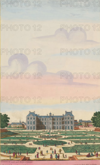 View of the Palais du Luxembourg from the gardens, Luxembourg apresent appelé Palais d'Orleans, print, album page, View of the Palais du Luxembourg from the gardens. Print is part of an album., printmaker: Aldert Meyer, Northern Netherlands, after print by Nicolas Perelle, Paris, publisher: Carel Allard, Amsterdam, grantor of privilege: States of Holland and West Friesland, colorer (graphic design artist): Anna Beeck, The Hague, 1685 - 1695, Aldert Meyer, Nicolas Perelle, Carel Allard, States of Holland and West Friesland, Anna Beeck, printmaker, after print by, publisher, grantor of privilege, colorer (graphic design artist), paper, etching, hand coloring, tearing, torn etching hand-colored in pink, green, blue, and yellow, pasted onto album page, a yellow frame with a red border around the image, height 440 mm x width 268 mm, height 535 mm x width 319 mm, The print is torn along the top edge of the image. The top part has been pasted higher, so that the sky has become higher and the ...